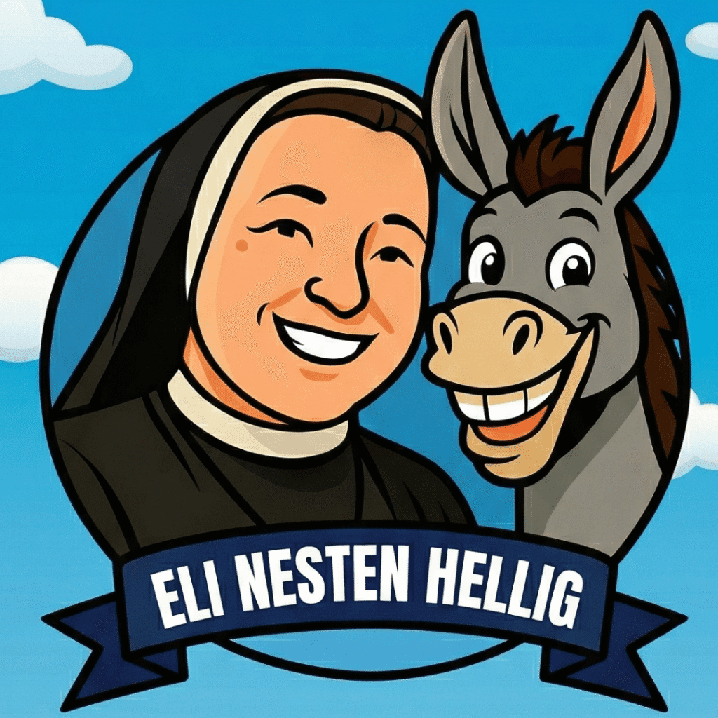 Illustrasjon av sr. M. Karolina CSSE og eselet Eli fra EWTN Norges barne-TV-serie ‘Eli, nesten hellig’