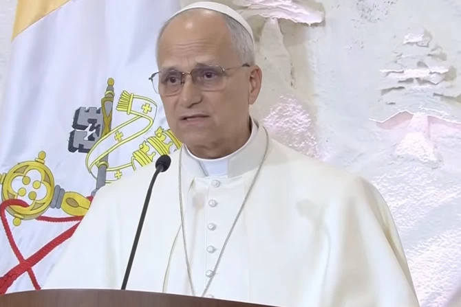 Pave Leo XIV taler i presidentpalasset i Baabda under sitt besøk i Libanon. Foto: Vatican media