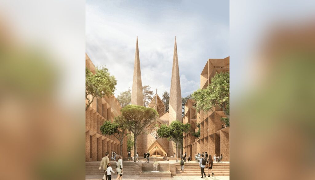 Illustrasjon av det planlagte katedralkomplekset i Waitara med to slanke sandsteinskledde spir og en åpen forplass.