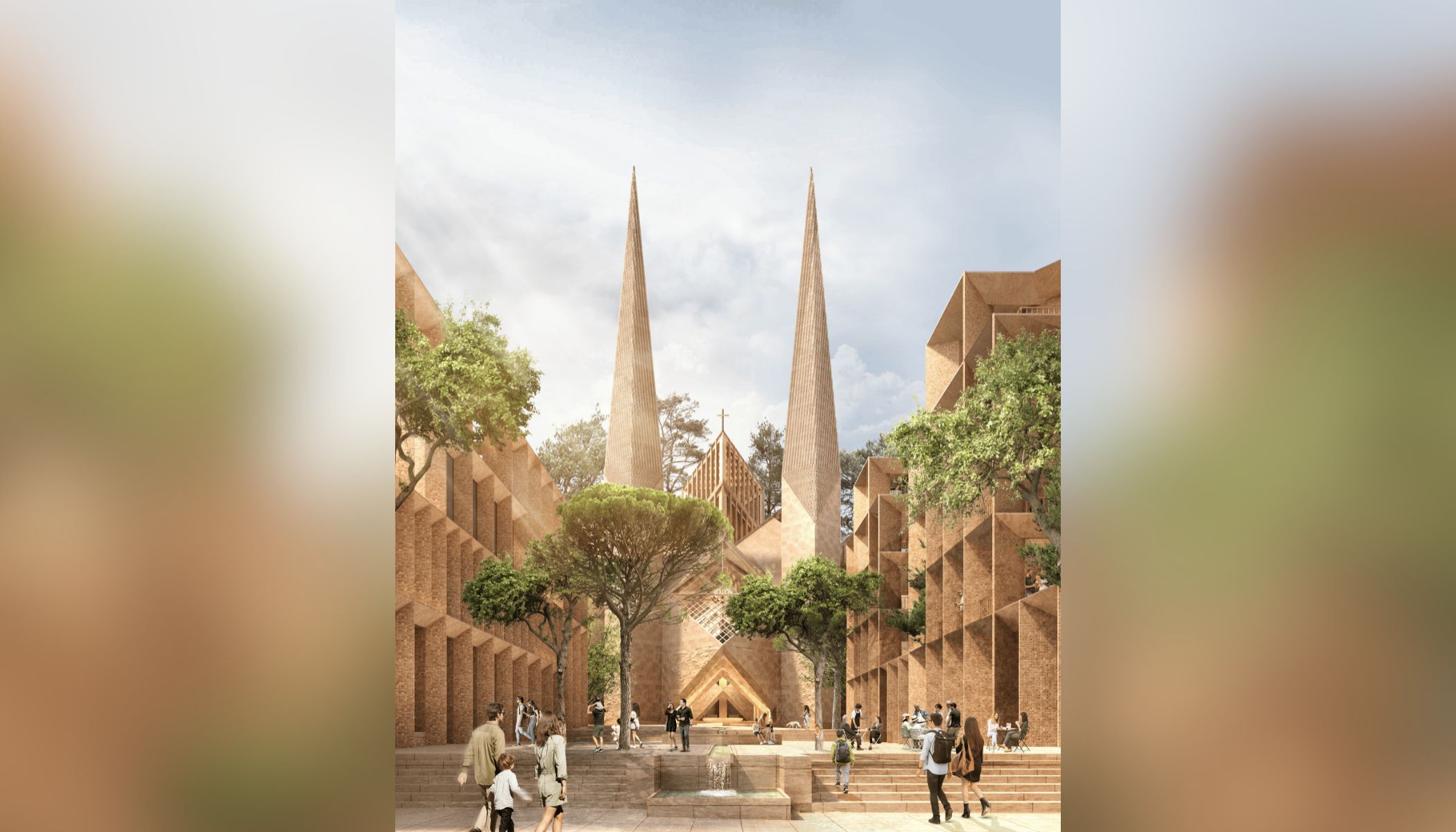 Illustrasjon av det planlagte katedralkomplekset i Waitara med to slanke sandsteinskledde spir og en åpen forplass.