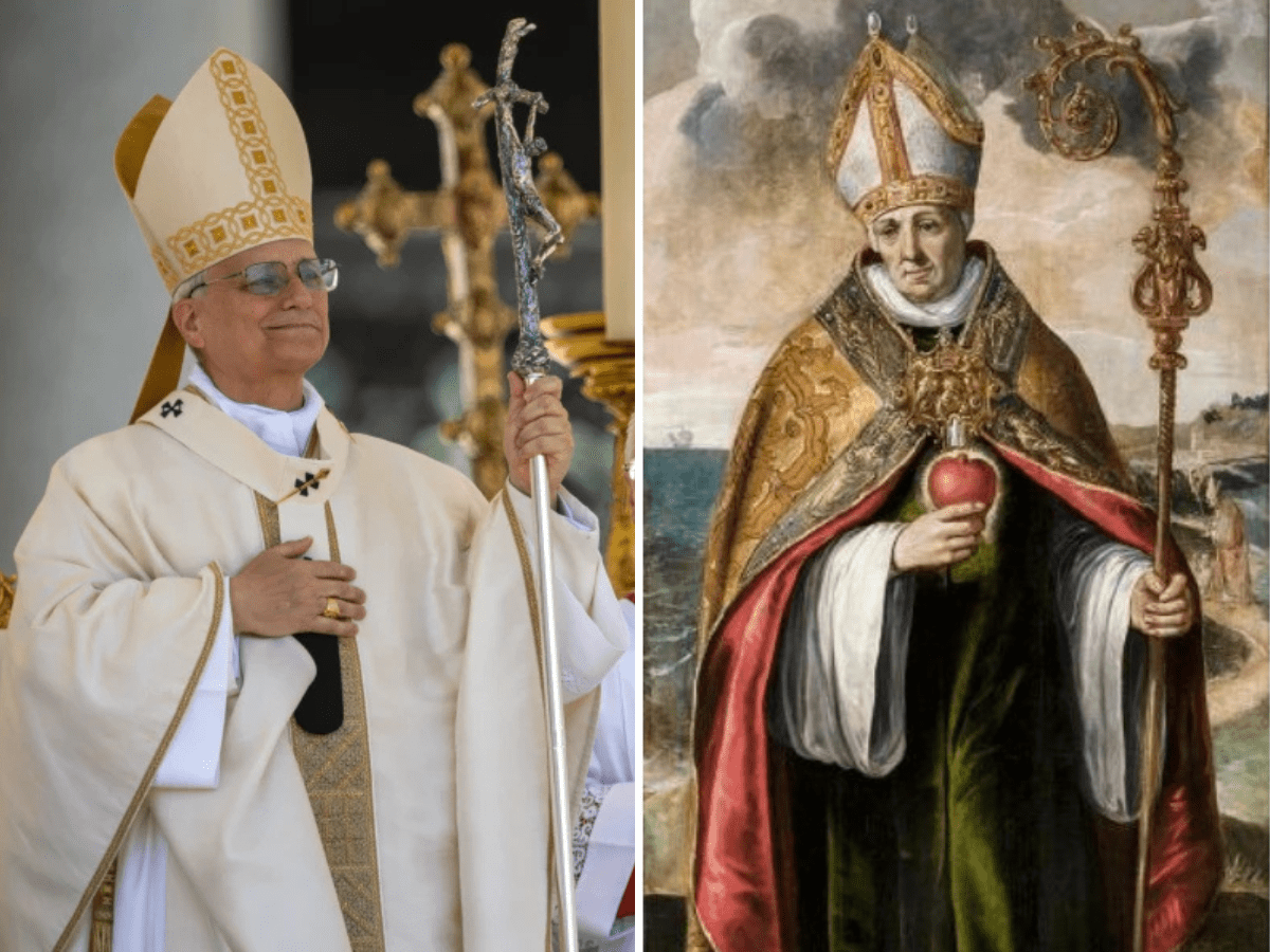 Et sammenstilt bilde av pave Leo XIV som feirer messe, og et maleri av St. Augustin av Hippo.